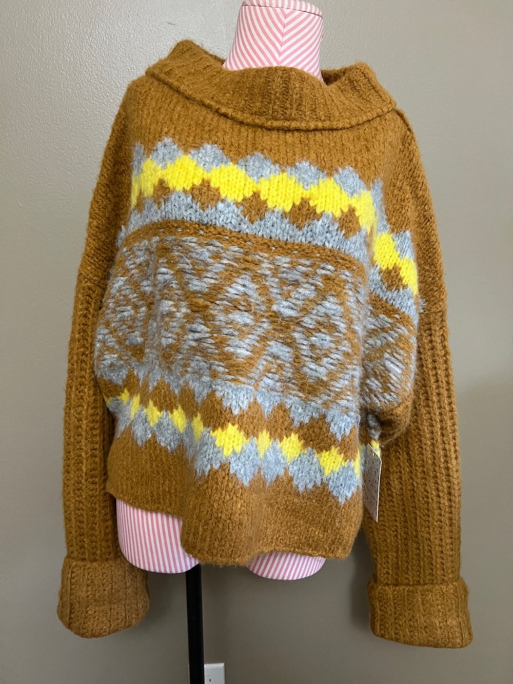 Free People Mustard Fair Isle Cowl Neck Sweater with Gray and Yellow Accents - L